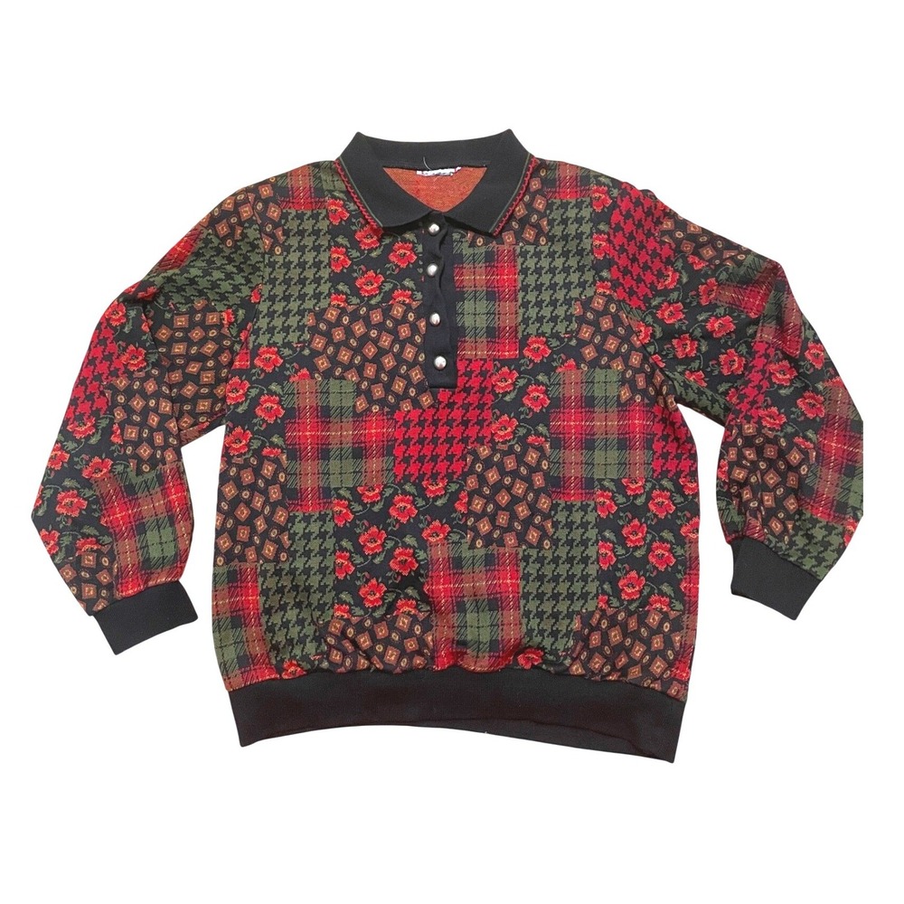 Vintage Patchwork Polo Top Floral Plaid Houndstooth XL
